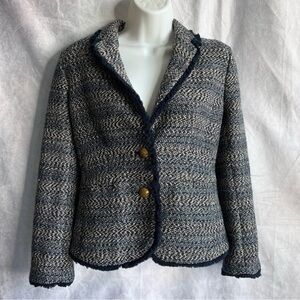 J.CREW Classic Business Tweed Boucle Lady Blazer with Fringe Trim Navy Blue Sz 4